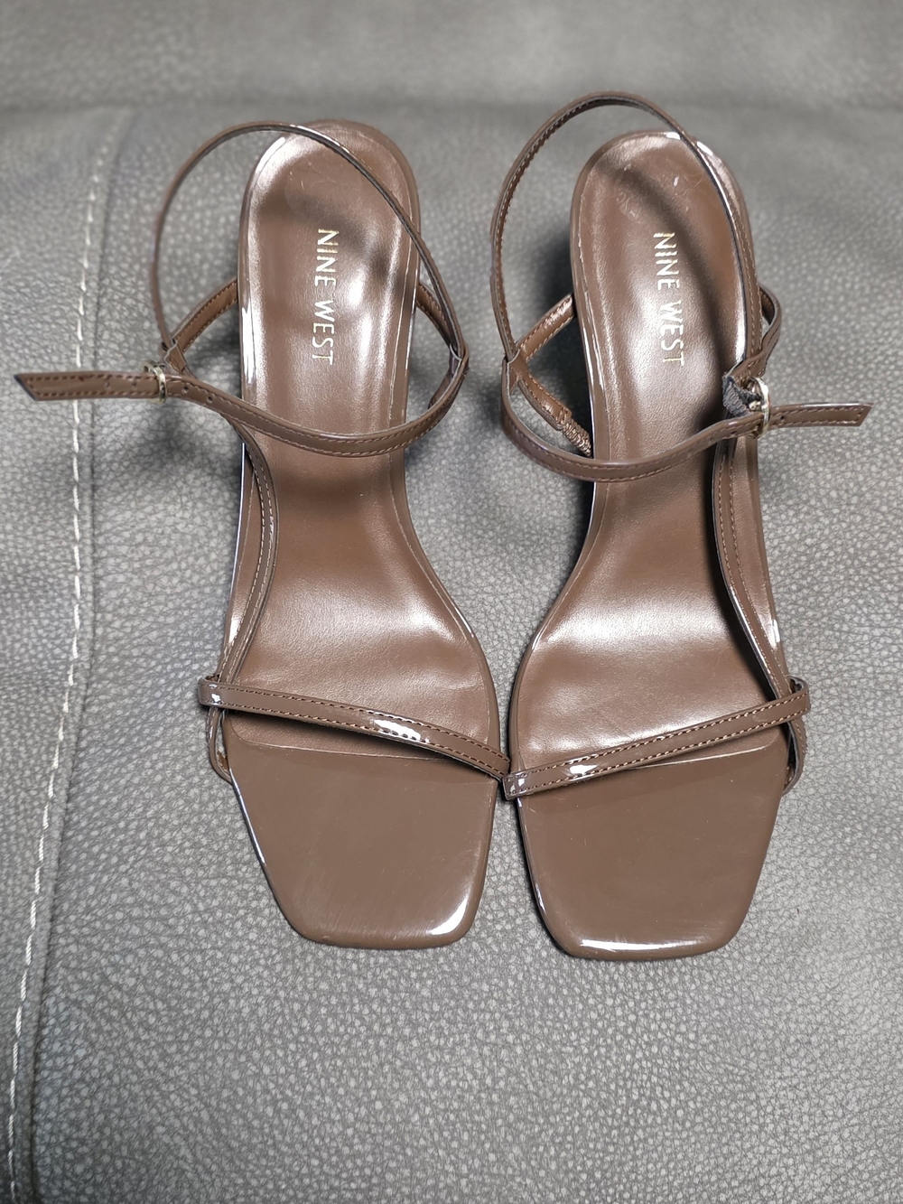 Nine West Patent Tan Strappy Square-Toe Heels